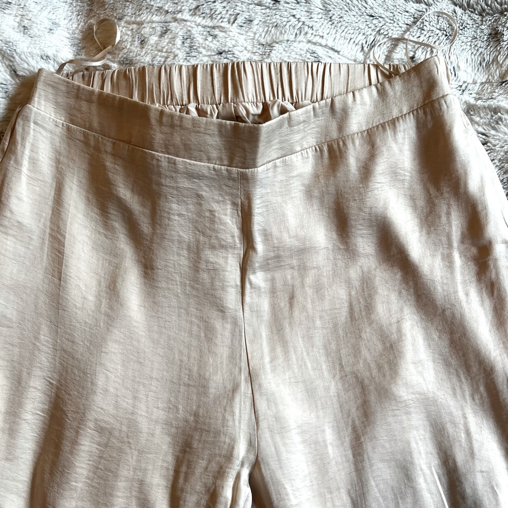 Wide leg flowy satin pants.